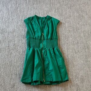 Anthropologie Emerald Green Zip-Front Smocked-Waist Dress